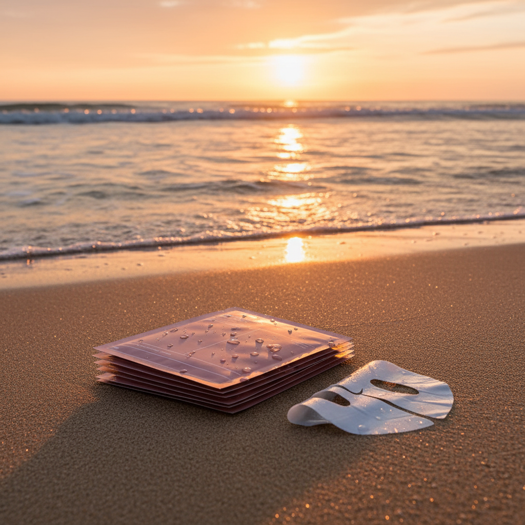 Masque sur sable mouillé au coucher de soleil